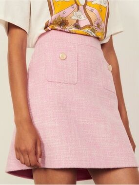 Sandro Pink wool A-Line Mini Skirt with Gold Buttons